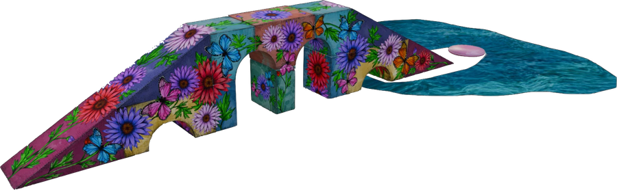 A finished Connekey level: a bridge painted all over with daisies and butterflies, crossing blue water with a lily pad.