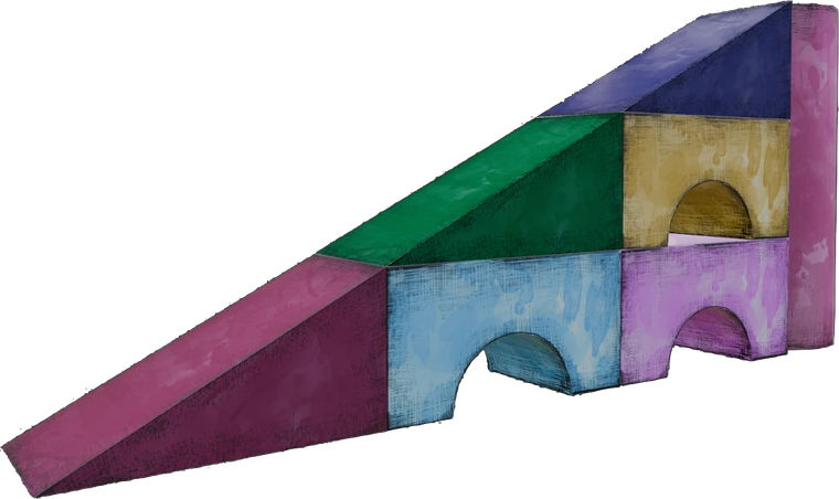 A Connekey level: a bridge built from painted blocks in green, blue, gold and pink, with a long ramp up to it.