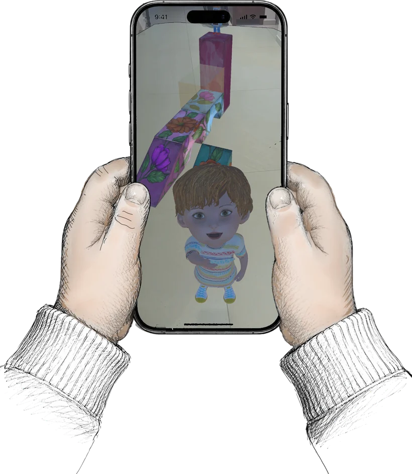 Connekey running on a phone held in both hands. On a real floor, a bridge of blocks painted with tulips and daisies leads up to a tall column with a small robot toy balanced on top, and an animated child stands in front of it.