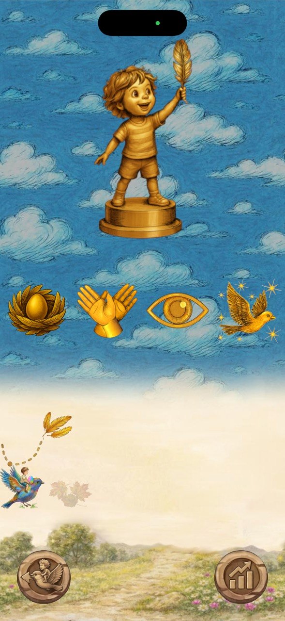 The end of a level in FollowBirdy: a golden statue of a child holding up a feather against a chalk-drawn sky, four gold marks below it, and further down a bird carrying a small child over a meadow path.