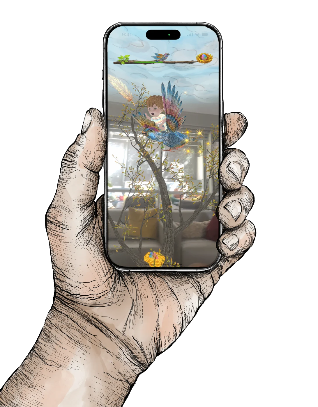 A hand holding a phone. On the screen, a bird carrying a small child flies through the room the phone is pointed at.