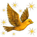 A gold bird in flight among stars