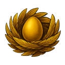 A gold egg in a nest of feathers