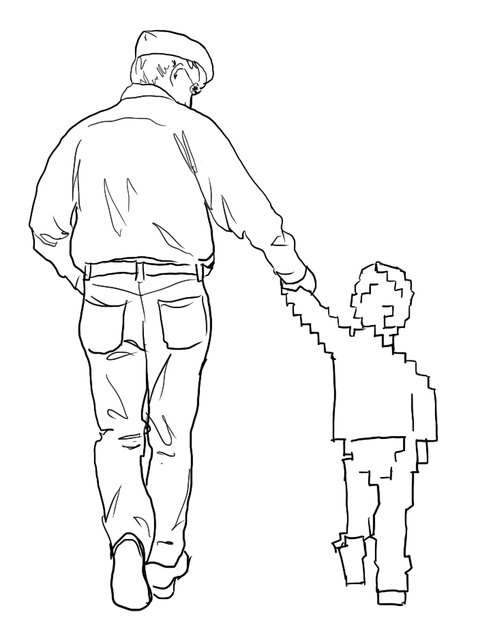 A line drawing of an older adult walking hand in hand with a small child, the child drawn as pixels.