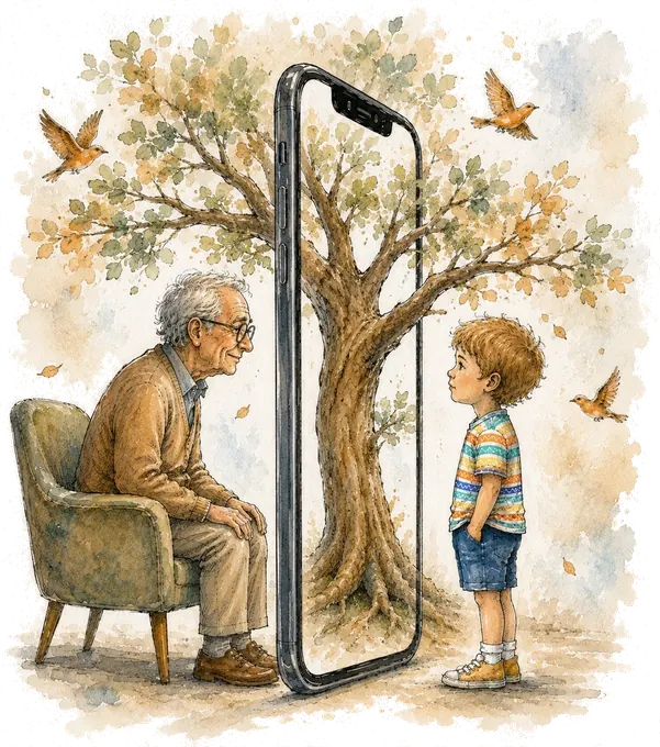 A watercolour of an older man in an armchair and a young boy standing, facing each other across a tall phone screen that shows a tree, with birds flying past.