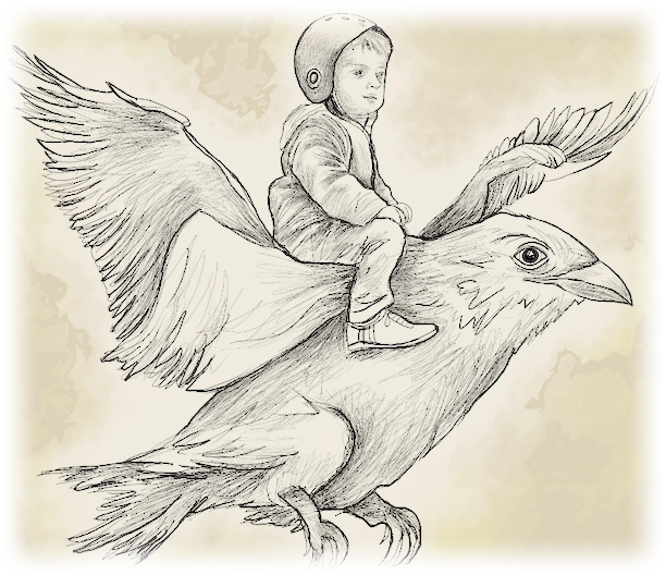 A pencil drawing of a small child in a helmet riding on the back of a large bird in flight.